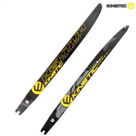 Close-up view of Kinetic Mentum ILF Bamboo Carbon limbs showing sleek matte black design with vibrant yellow detailing. Built from a carbon and bamboo combination to ensure high arrow speed and lightweight draw for enhanced performance.