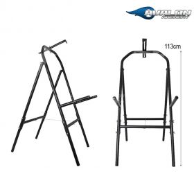A side view of the Avalon Large Target Stand supporting an 80 cm circular target on a flat range setup. The structure displays three visible dimensions—height, width, and depth—emphasizing its roomy and practical design. This stand’s compact yet sturdy bu