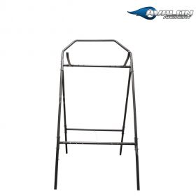 Avalon’s Small Target Stand assembled in an indoor archery room. The metal frame is supporting a 60 cm target and is placed on a smooth floor with arrows embedded in the foam. Hooks, leg layout, and simple assembly points are clearly visible, while custom
