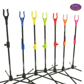 Dreambow Fiberglass Bow Stand in seven colors, lightweight 175 g (0.39 lbs), height 45 cm (17.7 in), adjustable grip width 22–32 mm (0.87–1.26 in). Features screw-in tripod legs and adjustable string height for stability on any surface. Ideal for beginner