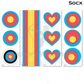 SOCX Differential Learning Target Face Set displayed as a complete archery training package containing twenty premium target faces. The set includes five examples of four distinct designs, allowing archers to experience multiple visual challenges within a